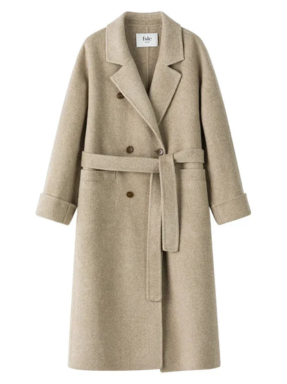 FSLE 100% Wool Black Temperament Long Double Breasted Woolen Jackets 60.6% Wool 10.5% Silk Belt Design Female Beige Apricot Coat