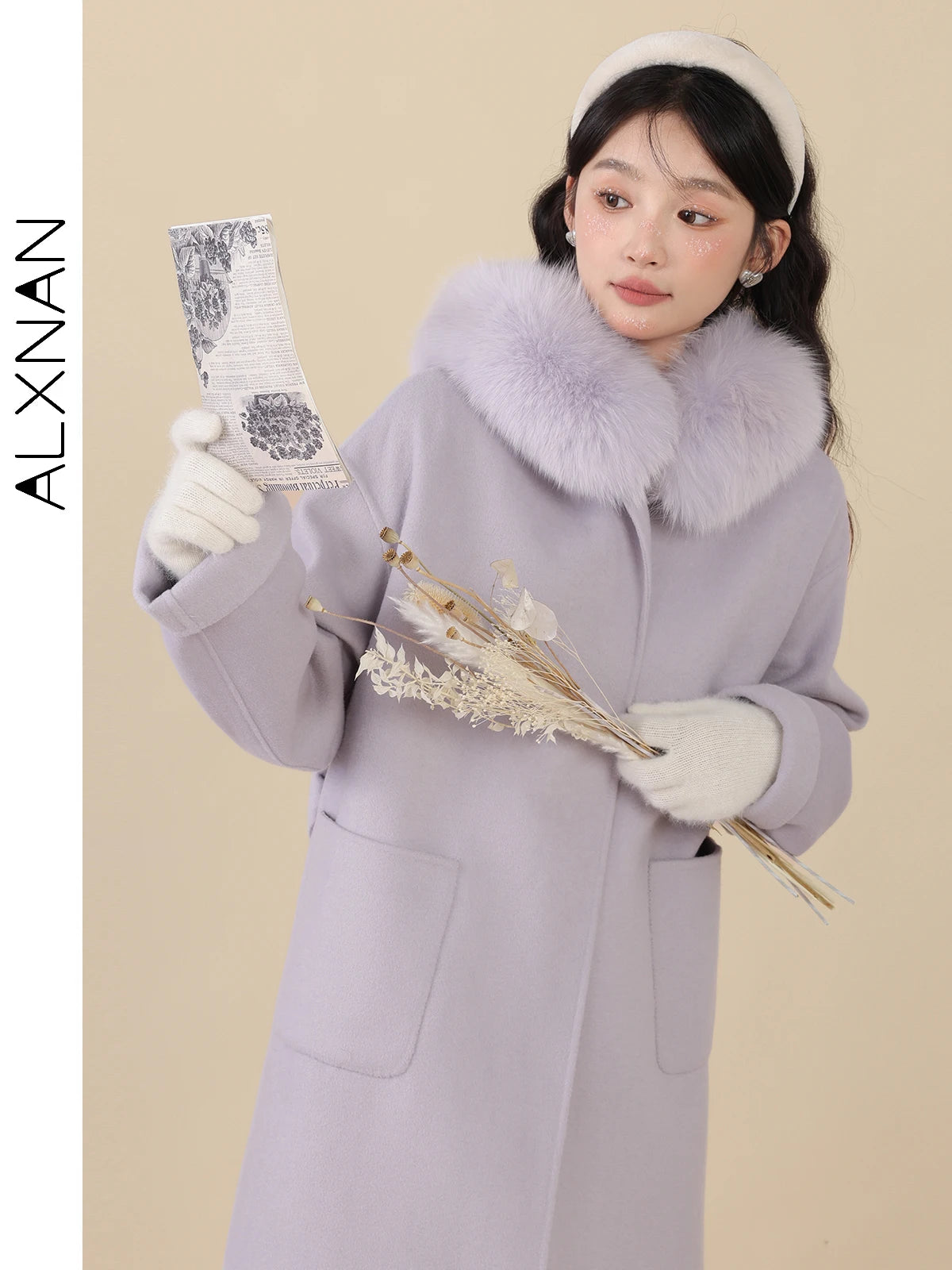 ALXNAN Light Purple Wool Coat Women 2024 Autumn Winter Warm Solid Sweet Straight Single Breasted Long Sleeve Overcoat LXN323112