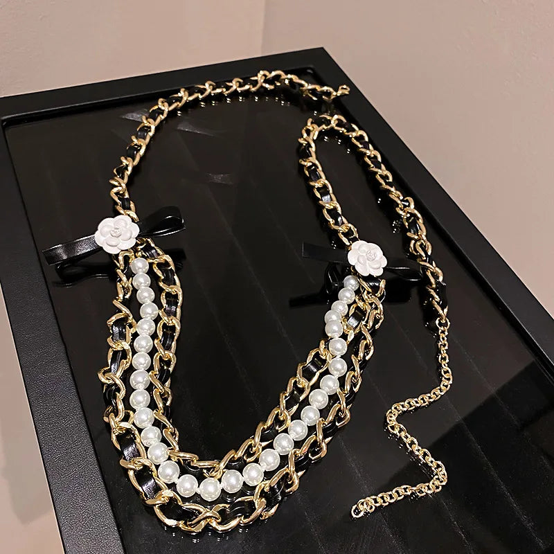 Korea Trendy Waist Chain Camellia Flower Pearl Leather Belts  Accessories for Women Party Jewelry