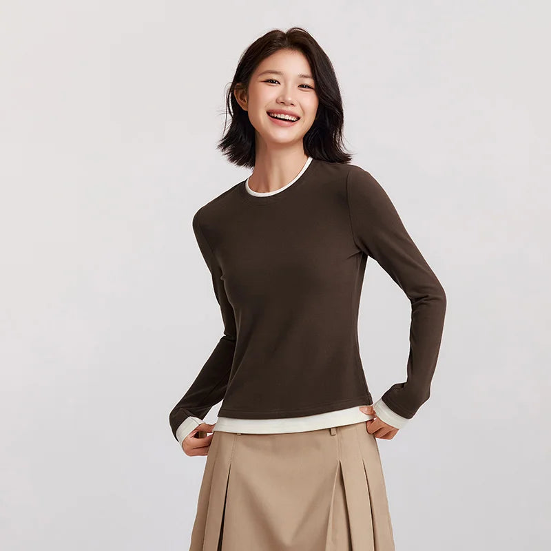 Semir Long Sleeve T-Shirt WomenTight Frayed Round Neck 2024 Winter New Moisture-Wicking Contrast Color Long Sleeve T-Shirt