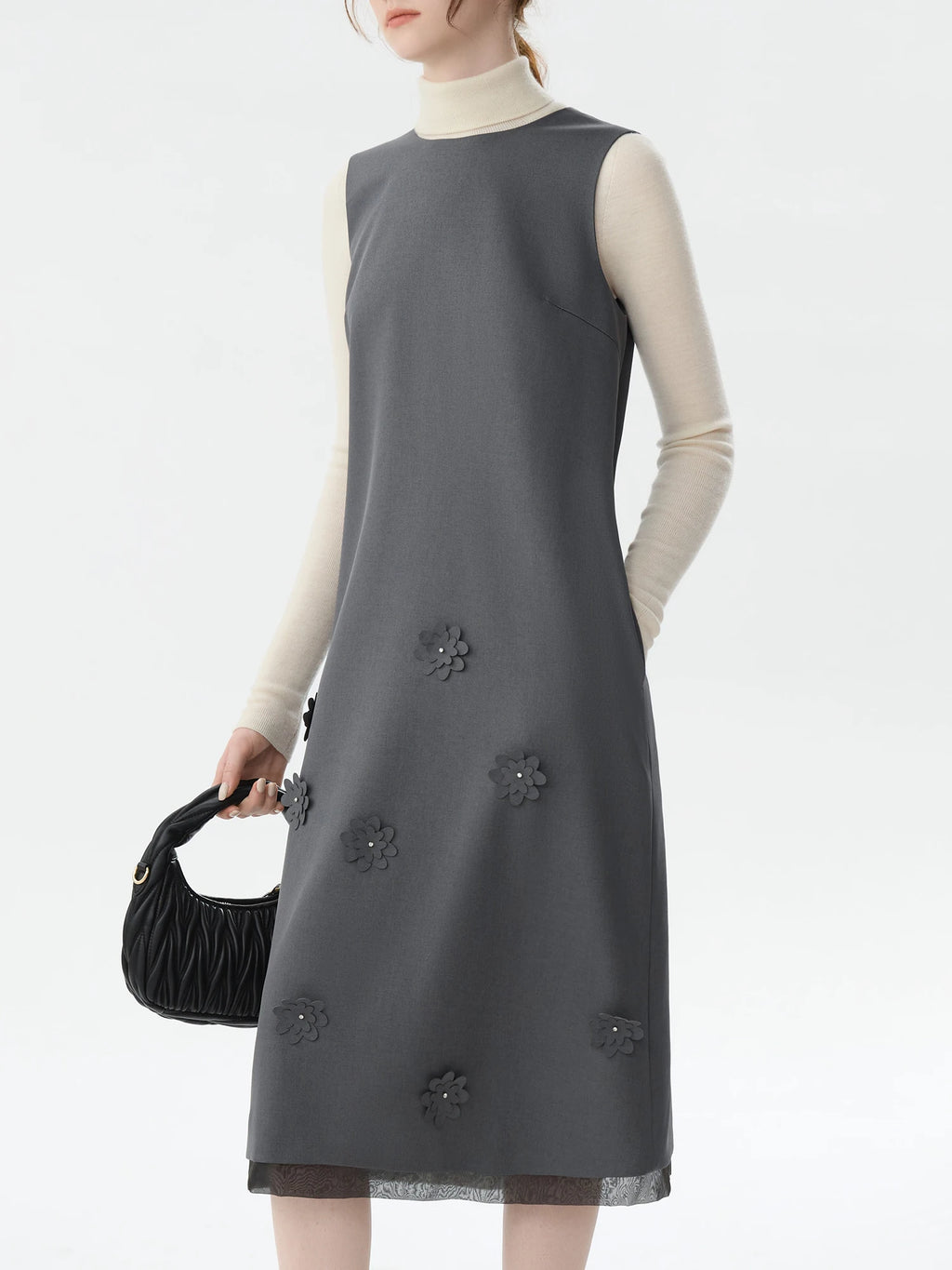 FSLE Elegant Commuter Three-dimensional Flower Decoration Long Skirt 2024 Fall Winter New Elegant Design Fashion Dress 24FS14423