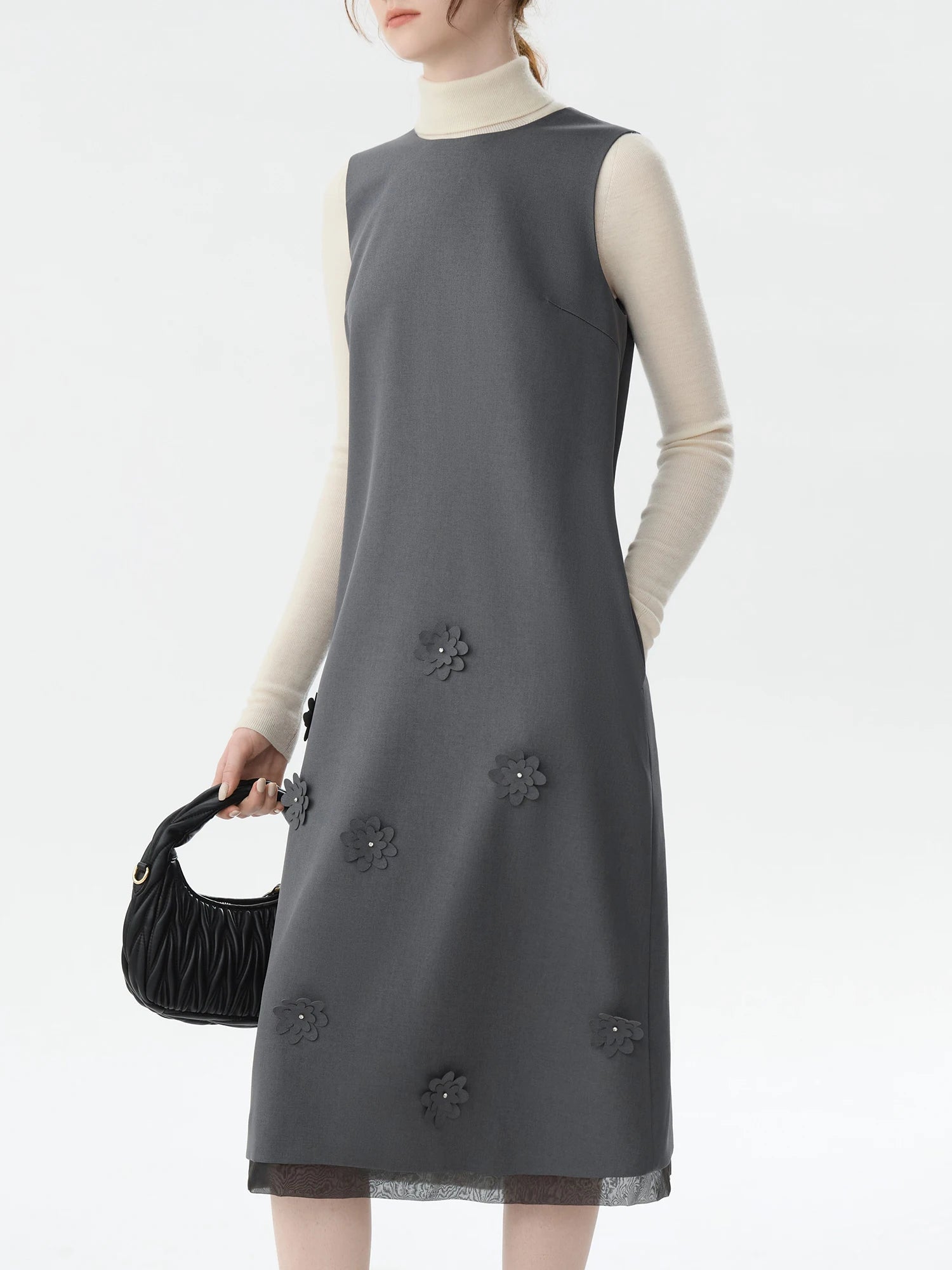 FSLE Elegant Commuter Three-dimensional Flower Decoration Long Skirt 2024 Fall Winter New Elegant Design Fashion Dress 24FS14423