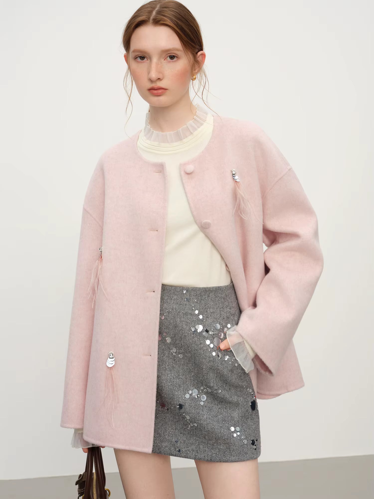 Elegant Temperament Round Neck Short Woolen Coat 2025 Winter New Solid Loose Commuter Jacket