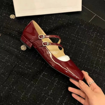 Designer Shoes Women's Flats Patent Leather Mary Janes Shoes Square Toe Double Buckle Red Low Heels Female Autumn Zaptos Mujer