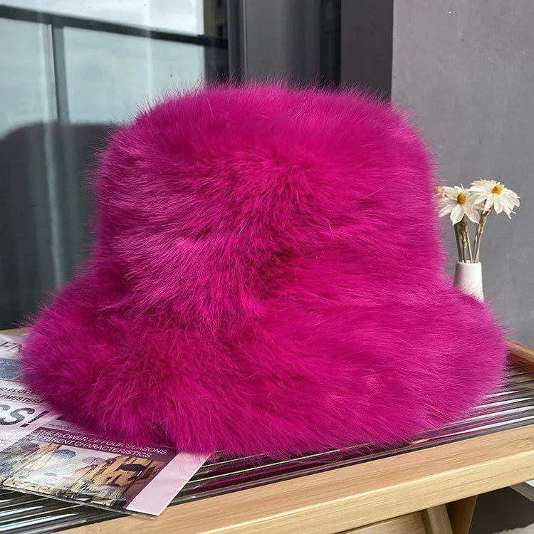 2024 Fluffy Faux Fur Bucket Hats Women Rabbit Fur Warm Thick Plush Winter Hat Lady Fashion Luxury Panama Furry Fisherman Cap Y2k