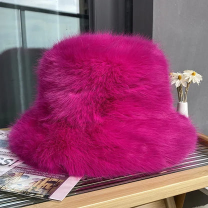 2024 Fluffy Faux Fur Bucket Hats Women Rabbit Fur Warm Thick Plush Winter Hat Lady Fashion Luxury Panama Furry Fisherman Cap Y2k