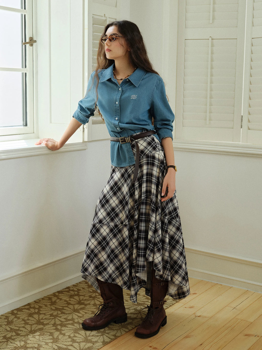 DUSHU Plus Size Women's [South France Story] Irregular Deconstructed Checkered Retro French Long A-Line Skirt