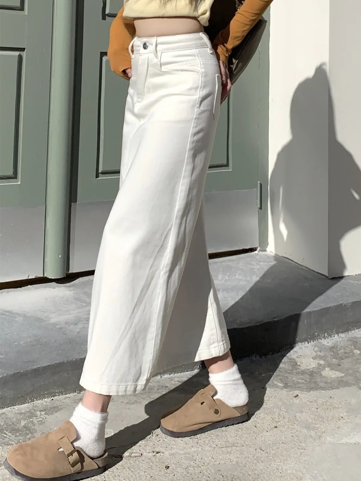 ZHISILAO New White Long Denim Skirt Women Vintage Casual A-line Denim Skirt Spring 2023