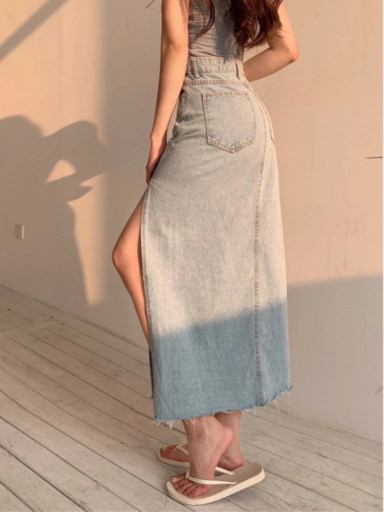 DEEPTOWN Long Denim Skirt Vintage Women Solid High Waist  A-LINE Slim Korean Style Jean Slit Midi Skirt Summer Fashion Girl
