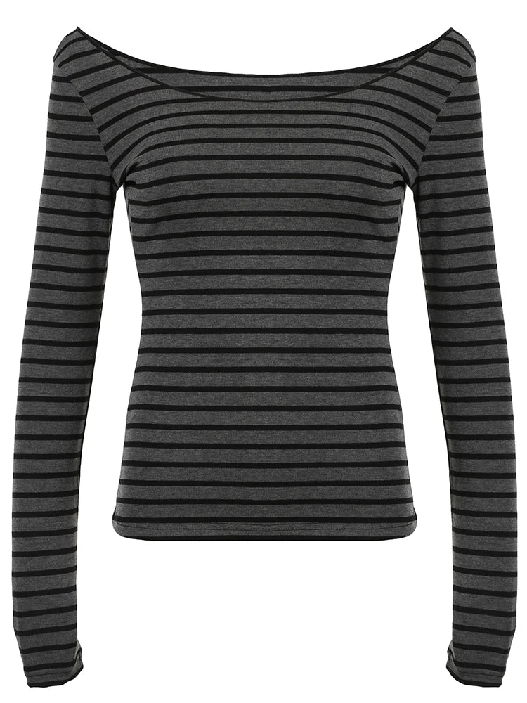 Japanese Basic Slim Long Sleeve Stripe Tee Off Shoulder O Neck Korean Street Style Spring Autumn Y2K Gray T Shirt Women