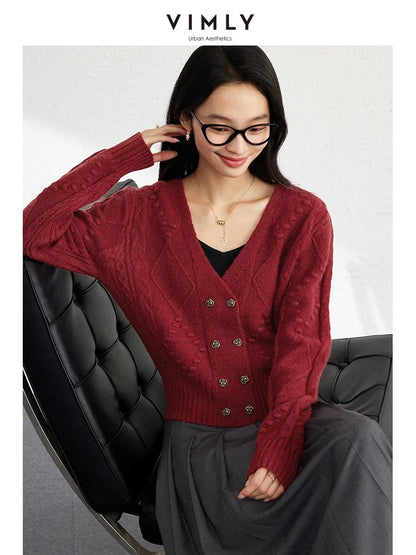 VIMLY Women's Simple Casual Knitted Sweater Autumn New Red O-Neck Long Sleeve Office Lady Small Fragrant Cardigan Tops Jacket