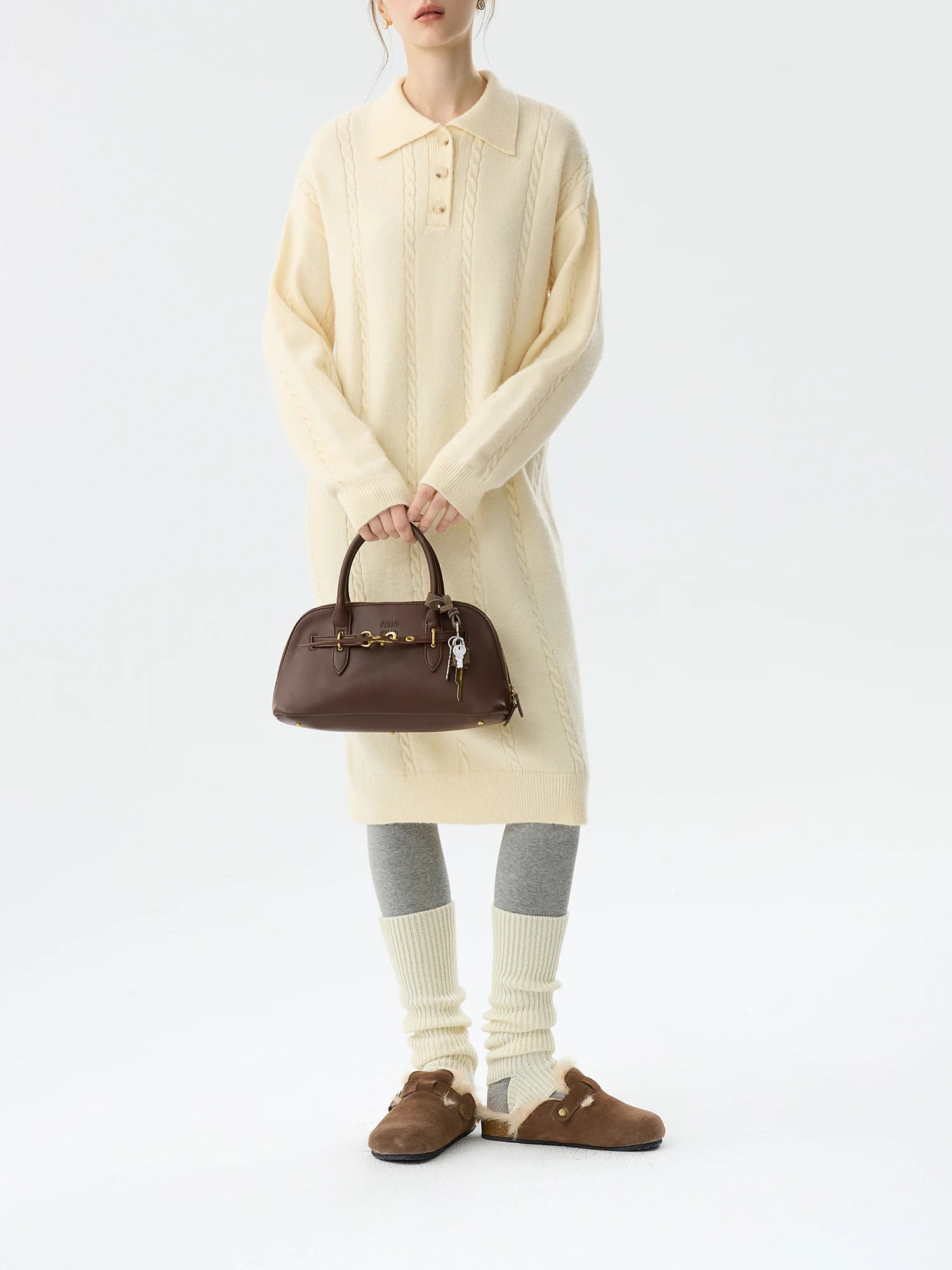 FSLE Office Lady Women's 2024 Winter New Knitted Long Sleeve Dress Collar Twisted Flower Texture Casual Dress 24FS14576