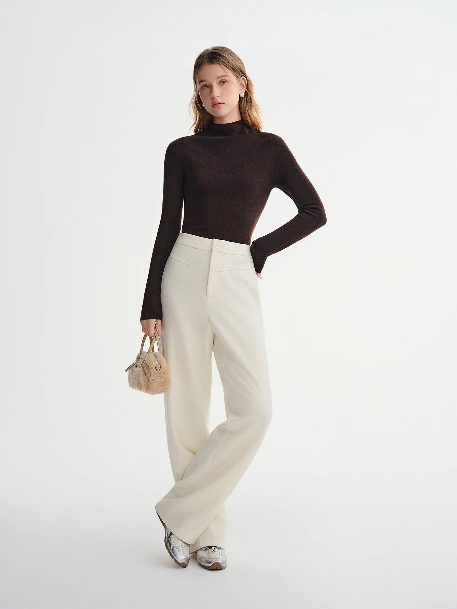 Straight High Waist Slim Fit Casual Pants Women Wool Warm Winter Leisure Basics All-match Simple Commuting