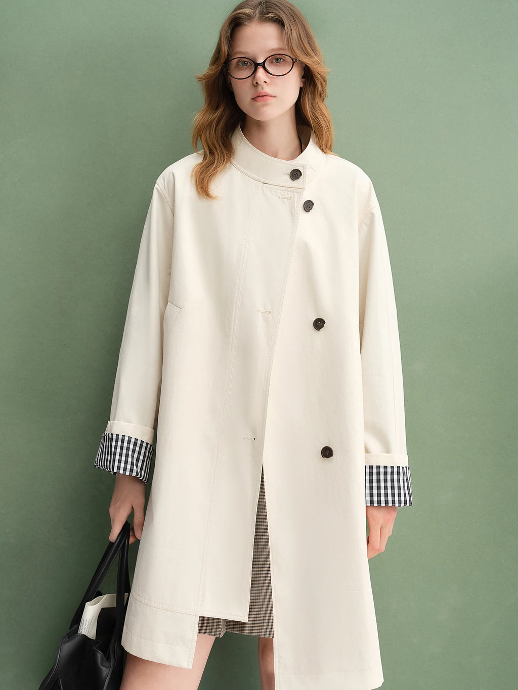 DUSHU Autumn 2025 Women's Stand Collar Trench Coat - Relaxed Fit Plaid Patchwork Loose Outerwear Casual Windbreaker Top