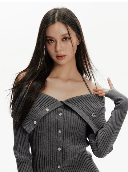 Autumn Slash Neck Off Shoulder Women Cardigans Y2k Aesthetic Slim Vintage Grunge Sweaters Trendy Bandage Halter Knitwear Female