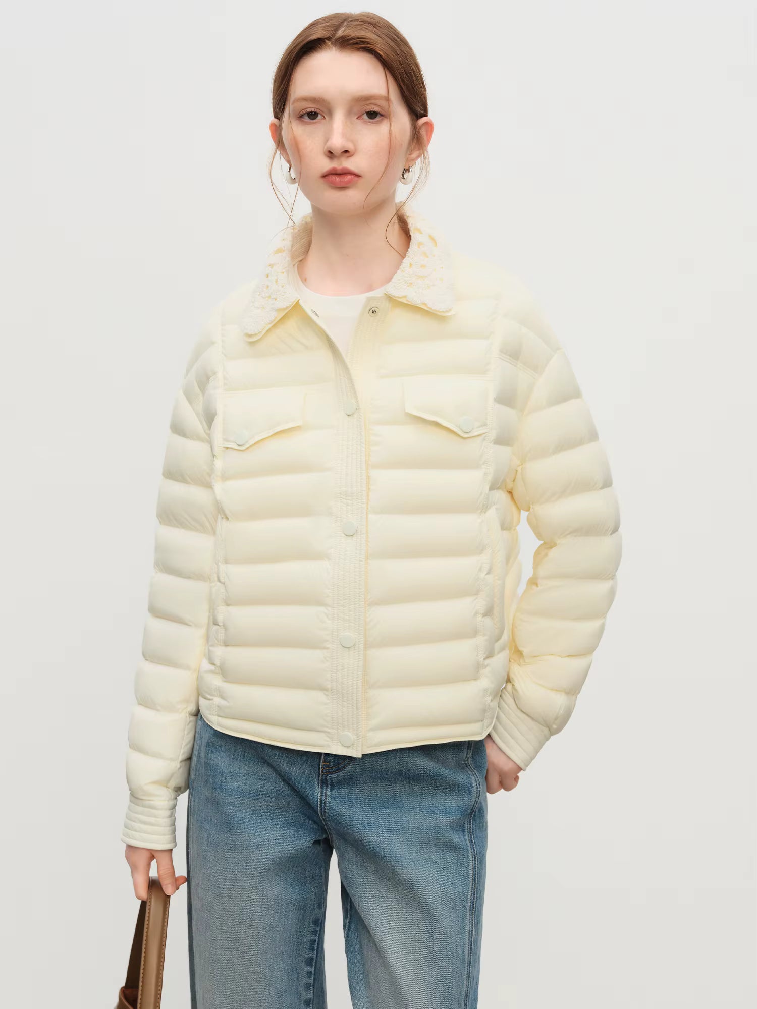 New Arrival Winter Women's Lightweight Short Ivory Down Coat With Lace Panel Collar Warm Padded Coat Outerwear Jacket