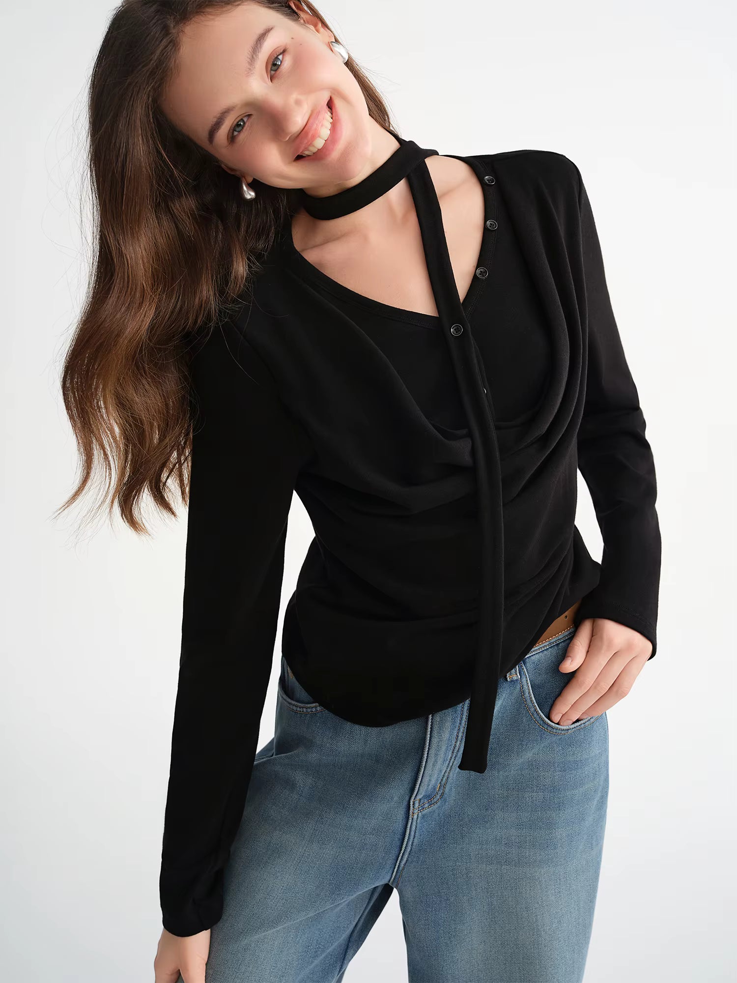 Plus-Size Women Layered Art Long-Sleeve T-Shirt with Floating Ribbon neckline Mock Two-Piece Slimming Top for Curvy Women