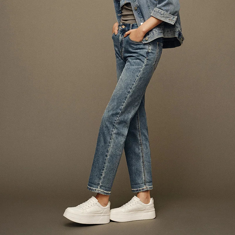 Semir Jeans Women Distressed Long Trousers 2024 New Winter Fleece Straight-Leg Trousers