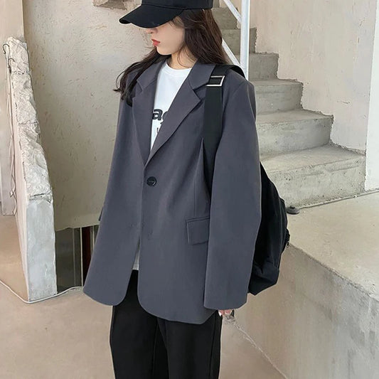 Korean Style Gray Blazer for Women Spring Autumn Long Sleeve Loose Suit Coat Woman Single Breasted Chic Jacket Female