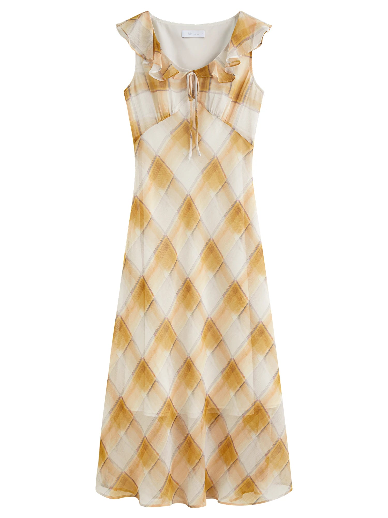 FSLE French Retro Checkered Ruffled Dress for Women 2025 Summer New Arrival U-Neck Slimming Silhouette