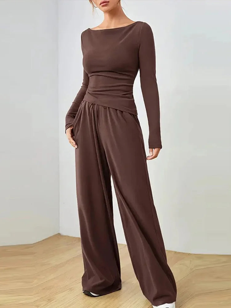 Women Two Piece Sets Pajama Set Sexy V-neck Long Sleeve Shirts Loose High Waist Wide Leg Pant Sets Lady Sleepwear Tracksuits