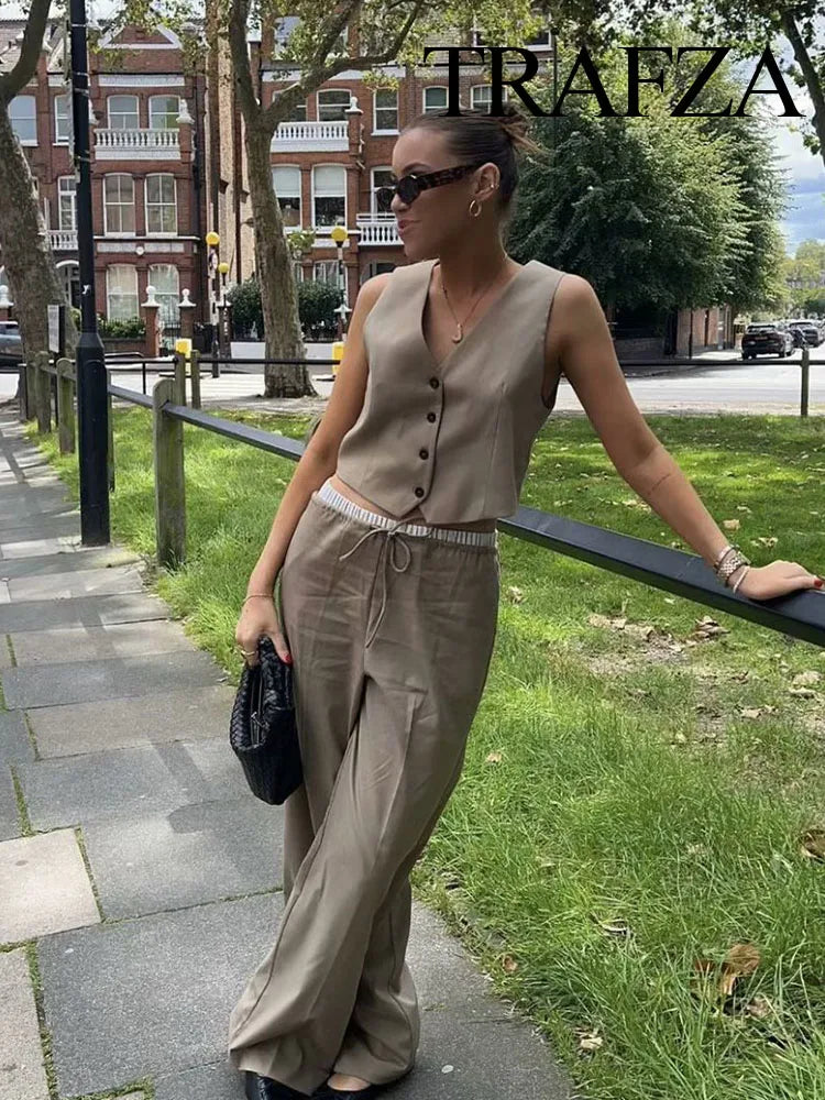 Chic Set Solid V-Neck Sleeveless Single-Breasted Waistcoat+High Waist Elastic Waist Pockets Drawstring Long Pant