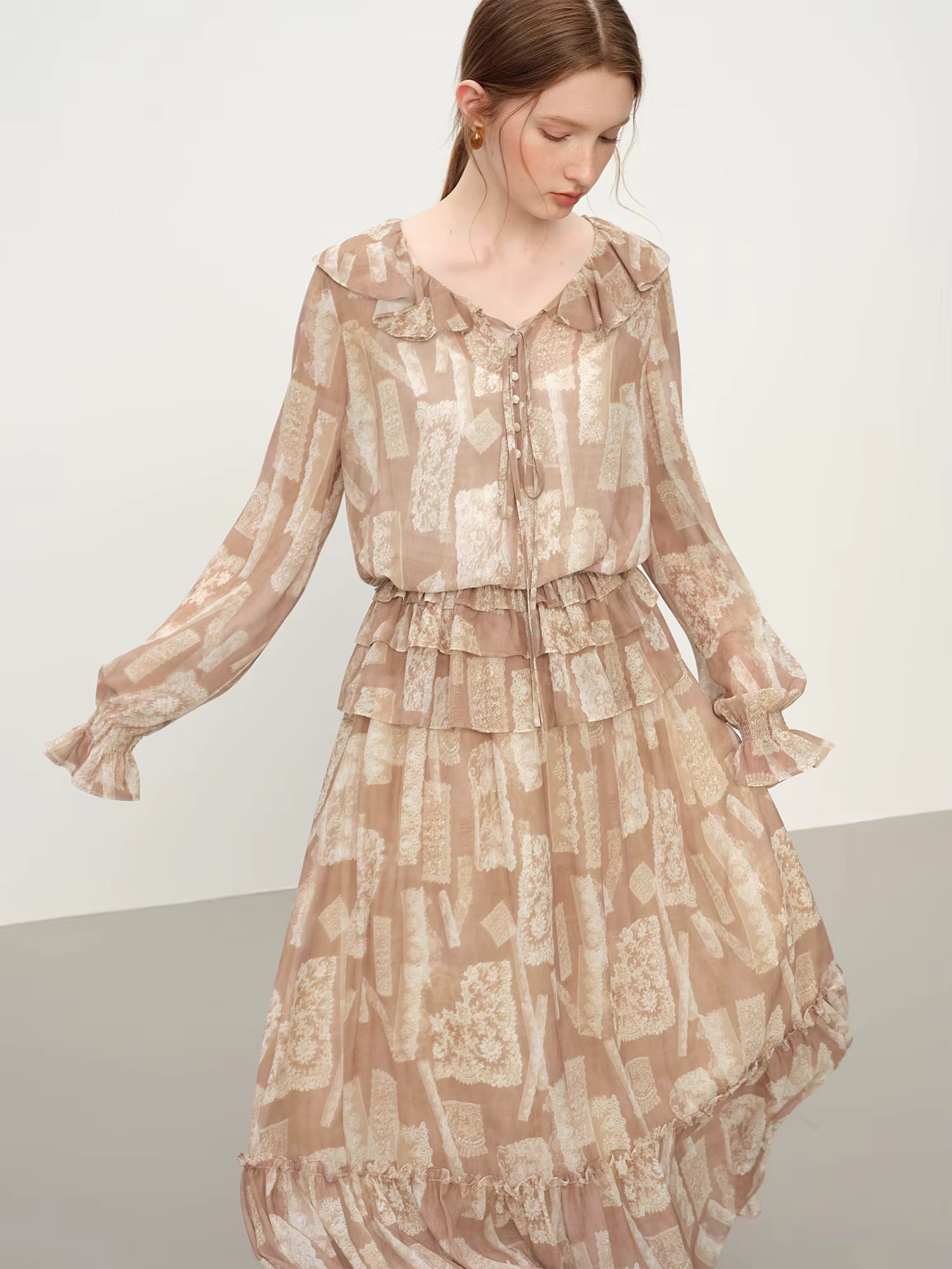 Party Dress Set Bohemian Style Elegant Ruffled Printed Long-sleeved Shirt Skirt Set for Women Winter Fairy Sundress