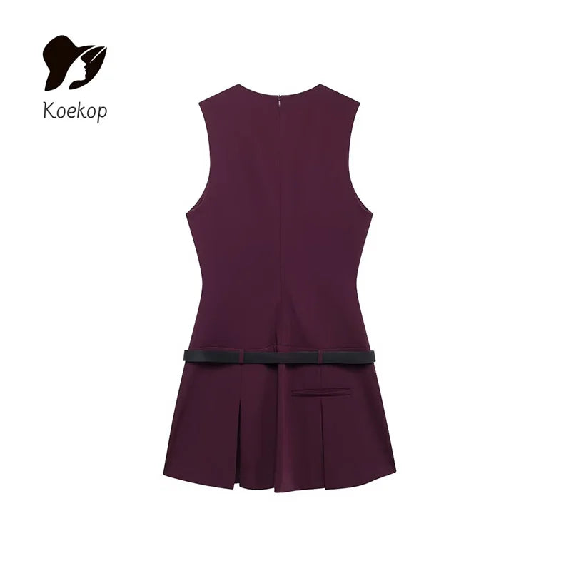 Koekop Women's Fashion Solid Color Belt Decoration Short Dress V Neck Vintage Sleeveless Women's Chic Lady Dresses
