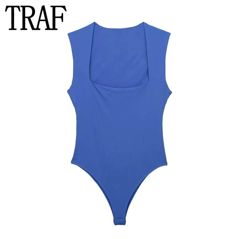 TRAF 2024 Black Woman Body Square Neck Sleeveless Bodysuit Women Blue White Sexy Tight Bodysuit Lingerie Bodycon Summer Tops