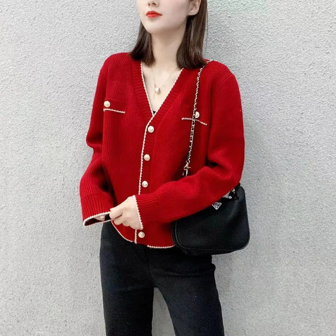 Women's Sweater Winter Button Blue V-neck Knit Tops for Woman Cardigan Red New Knitwear Y2k Vintage in Promotion Korean Style