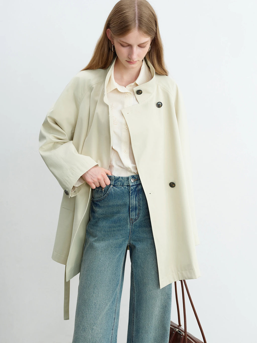 ZIQIAO Korean Style Stand Collar Short Trench Jacket for Women 2025 Autumn New Arrival Casual Chic Long Coat
