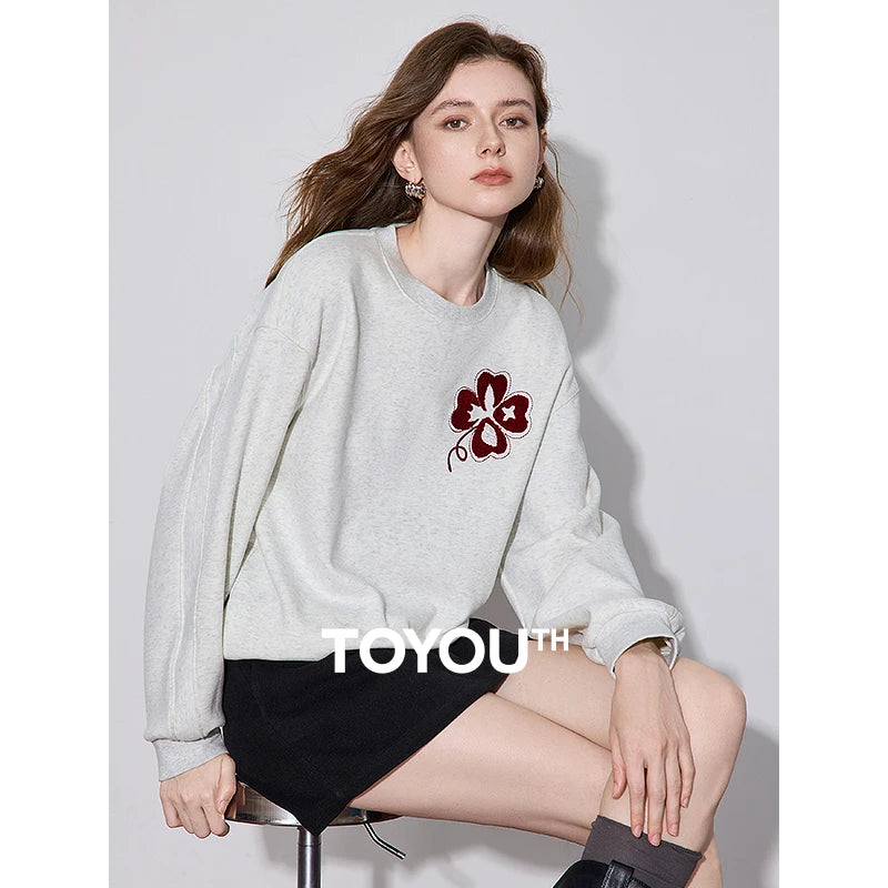 TOYOUTH Women Hoodies Sweatshirt 2024 Autumn New Clover Embrodiery Fleece Round Neck Warm Pullover Tops