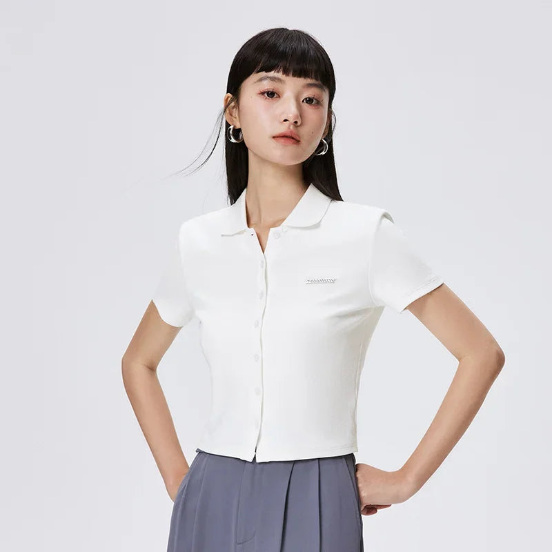 Semir Polo Shirt Women 2024 Summer New Short Length Letter Texture Clothing Fashionable Summer Ladies Slim Fit Cardigan Simple