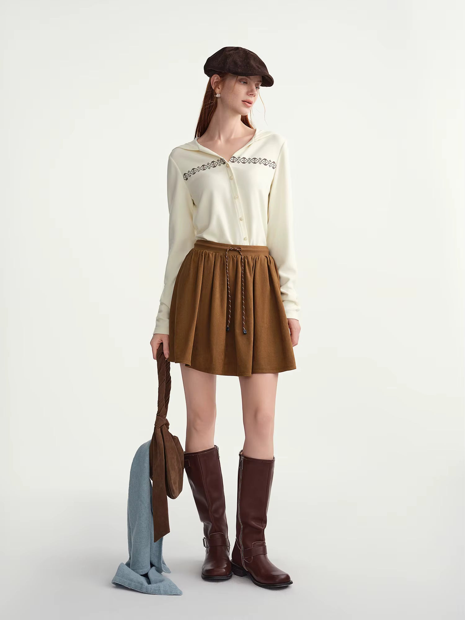 Plus-Size Women's Soft Warm Touch Slanted Collar Embroidered Top with Attached Hood Winter 2025 New Arrival Long Sleeve