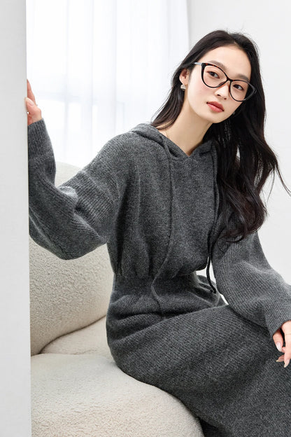 VIMLY Women's Office Lady Dresses Autumn Winter Hooded knit Sweaters Dress Long Sleeved Casual Loose Elegant Casual Vestidos