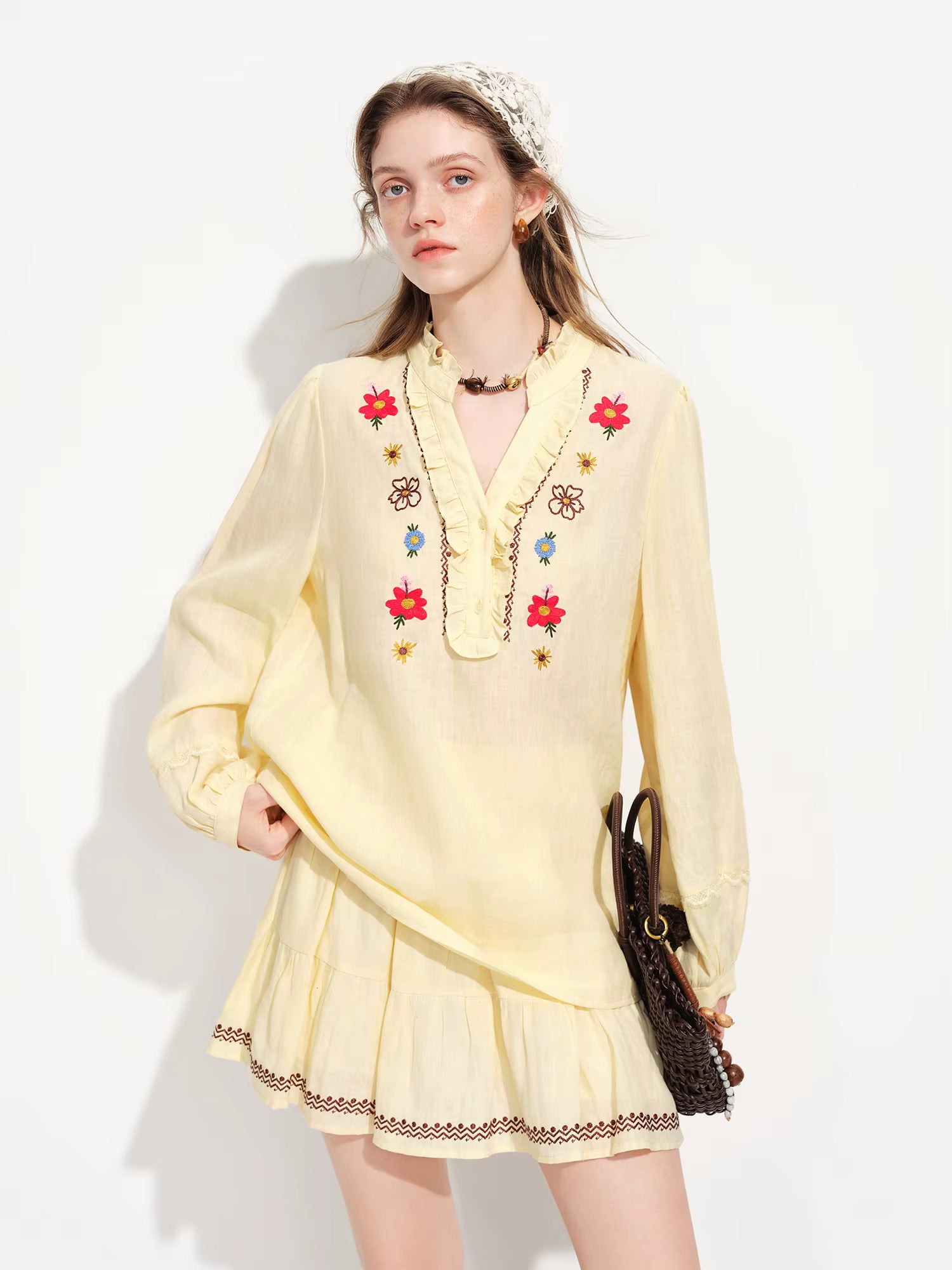 Vintage Countryside Linen Shirt and Skirt Set for Women Spring 2026 New Arrival with UV Protection Top and Skirt Separated