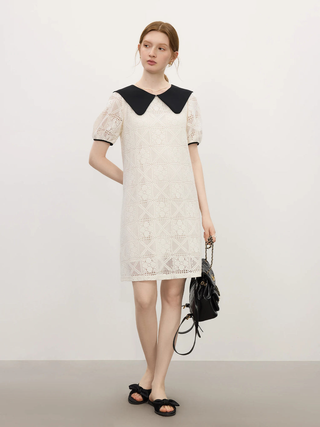 FSLE Age-reducing Contrast Color Doll Collar Lace Dress Female 2025 Summer New Korean Version A-line