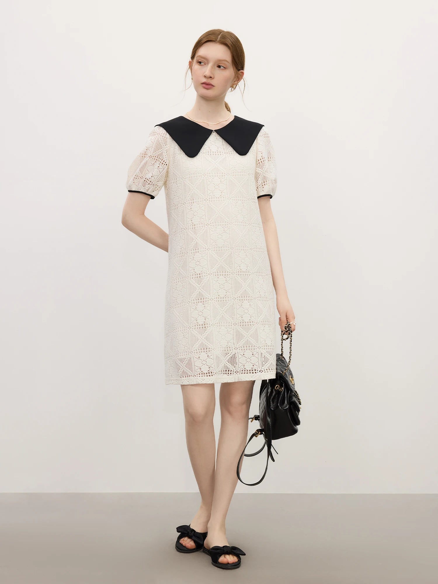FSLE Age-reducing Contrast Color Doll Collar Lace Dress Female 2025 Summer New Korean Version A-line