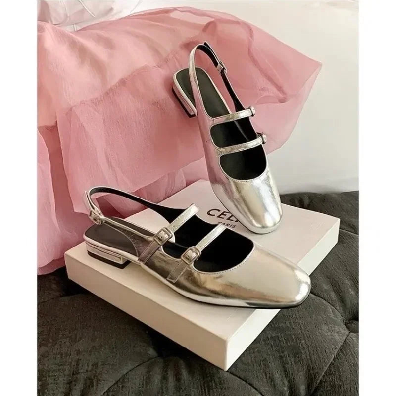 Women Sandals Summer 2024 Woman Low Heels Double Buckle Mary Janes Shoes Patent Leather Dress Shoes Back Strap Zapatos Mujer