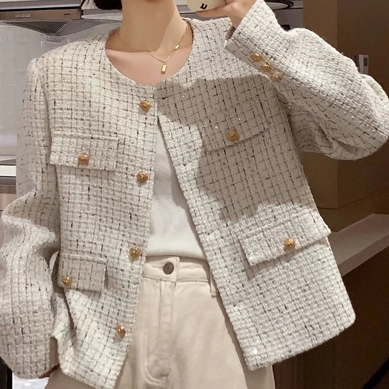 Hdspq Chic Striped Tweed Jackets Women 2023 Autumn Woman O Neck Long Sleeve Coats Woman with Pocket Korean Style Jacket Outwear