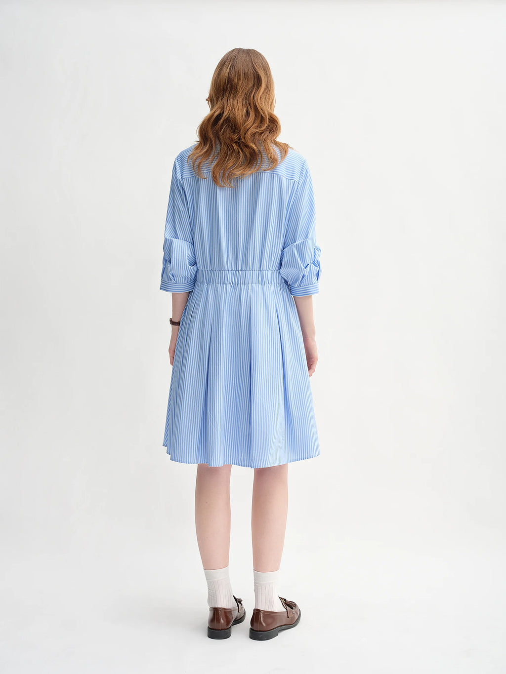 DUSHU Blue and White Striped Design Pleated Three-quarter Sleeve Waist Shirt Dress 2025 Autumn