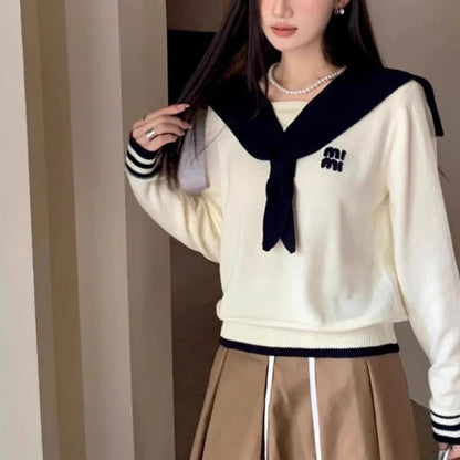 College Style Navy Collar Long Sleeved Knitted Sweater for Women's Spring Autumn New Casual Fashion Temperament Versatile Top