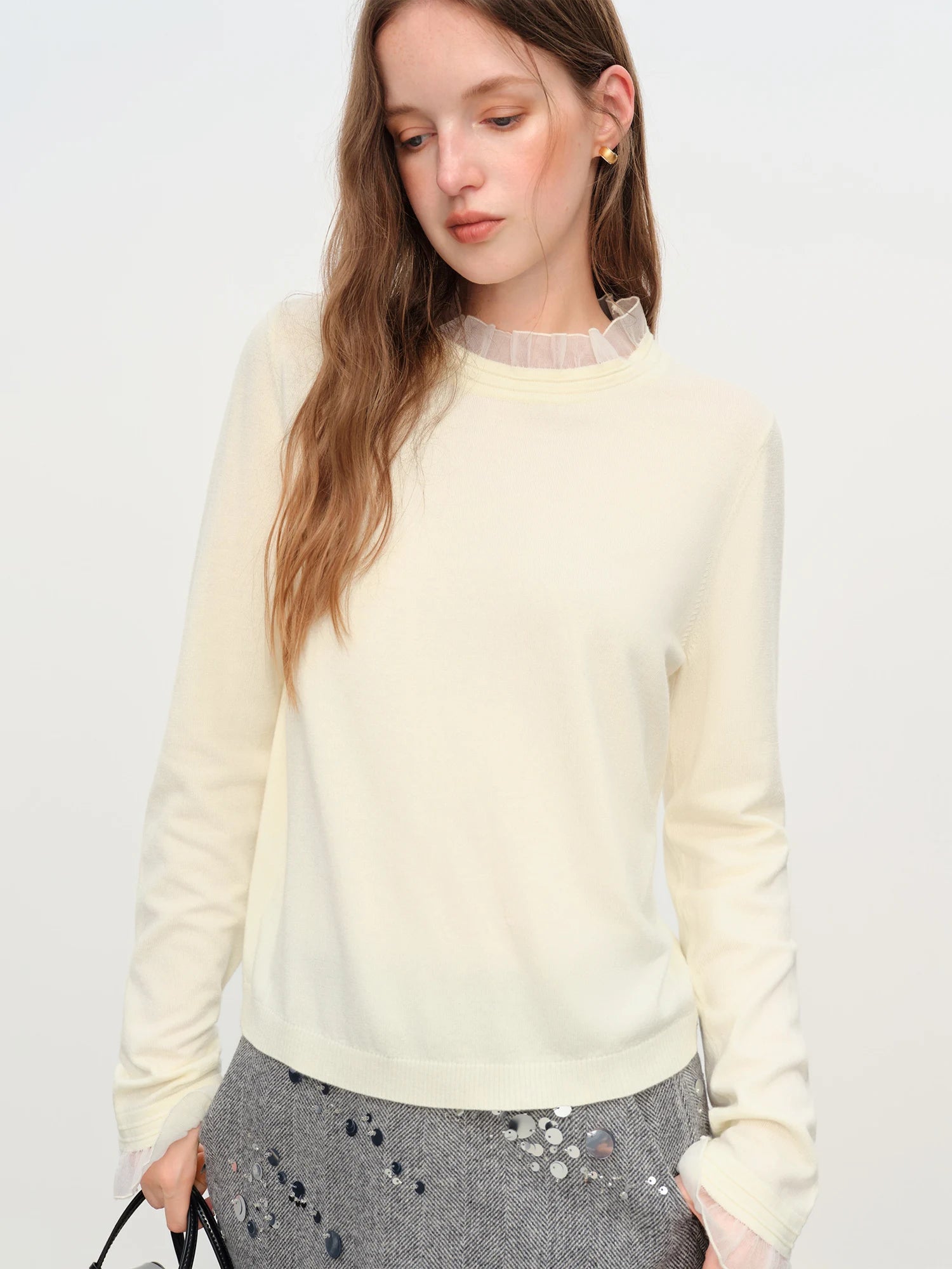 2025 Women's Mock Neck Knit Top - Ruffle Trim Detail Layering Staple Autumn Winter Base Layer with Soft Stretch Fit