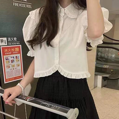 White Peter Pan Collar Shirt Women Korean Fashion Preppy Style Cute Pink Crop Tops Summer Sweet Ruffles Puff Sleeve Jk Blouse