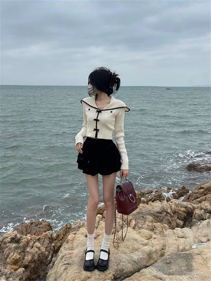 Women Fashion Japanese Style Bow Sweaters Short Length Slim Fit Pink Sweet Cardigan Long Sleeve High Waist Knitted Coats Tops