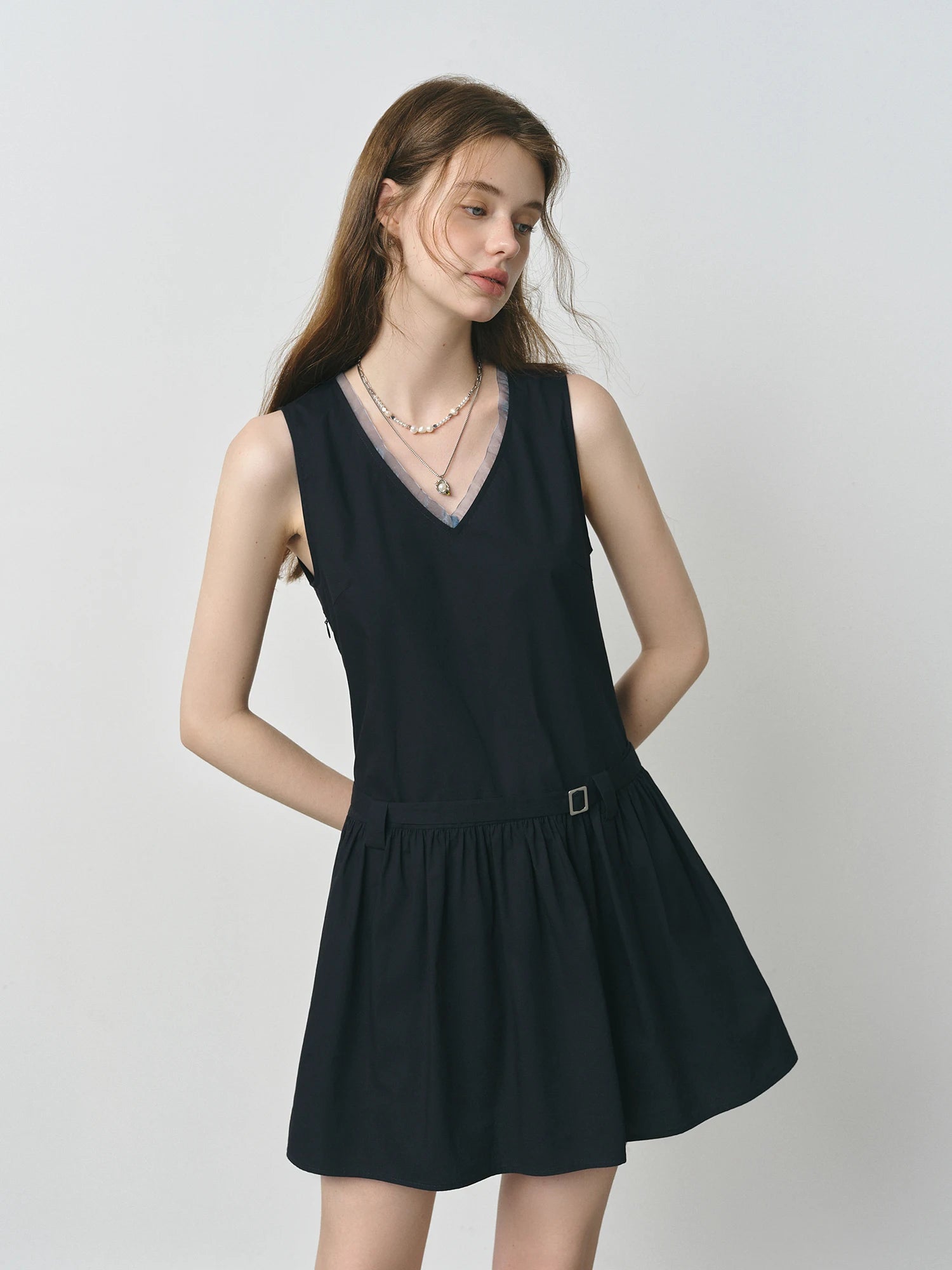 FSLE Sleeveless V-neck Design Dress 2025 Summer Korean Style Pure Cotton Slim Shirt Top