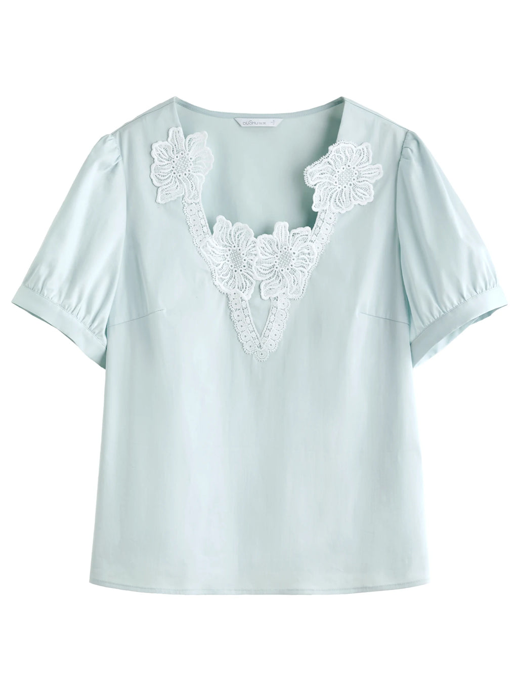 DUSHU Plus Size Women's Exquisite Lace Short-sleeved Blouse 2025 Summer New Embroidery Lace V-neck Slim Top