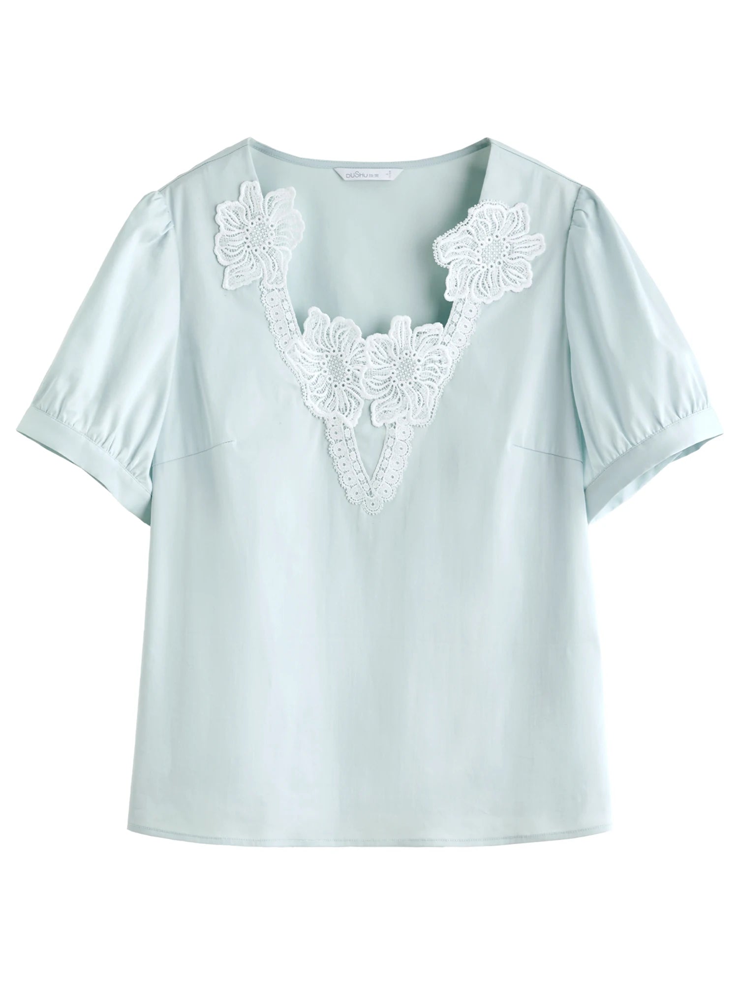 DUSHU Plus Size Women's Exquisite Lace Short-sleeved Blouse 2025 Summer New Embroidery Lace V-neck Slim Top