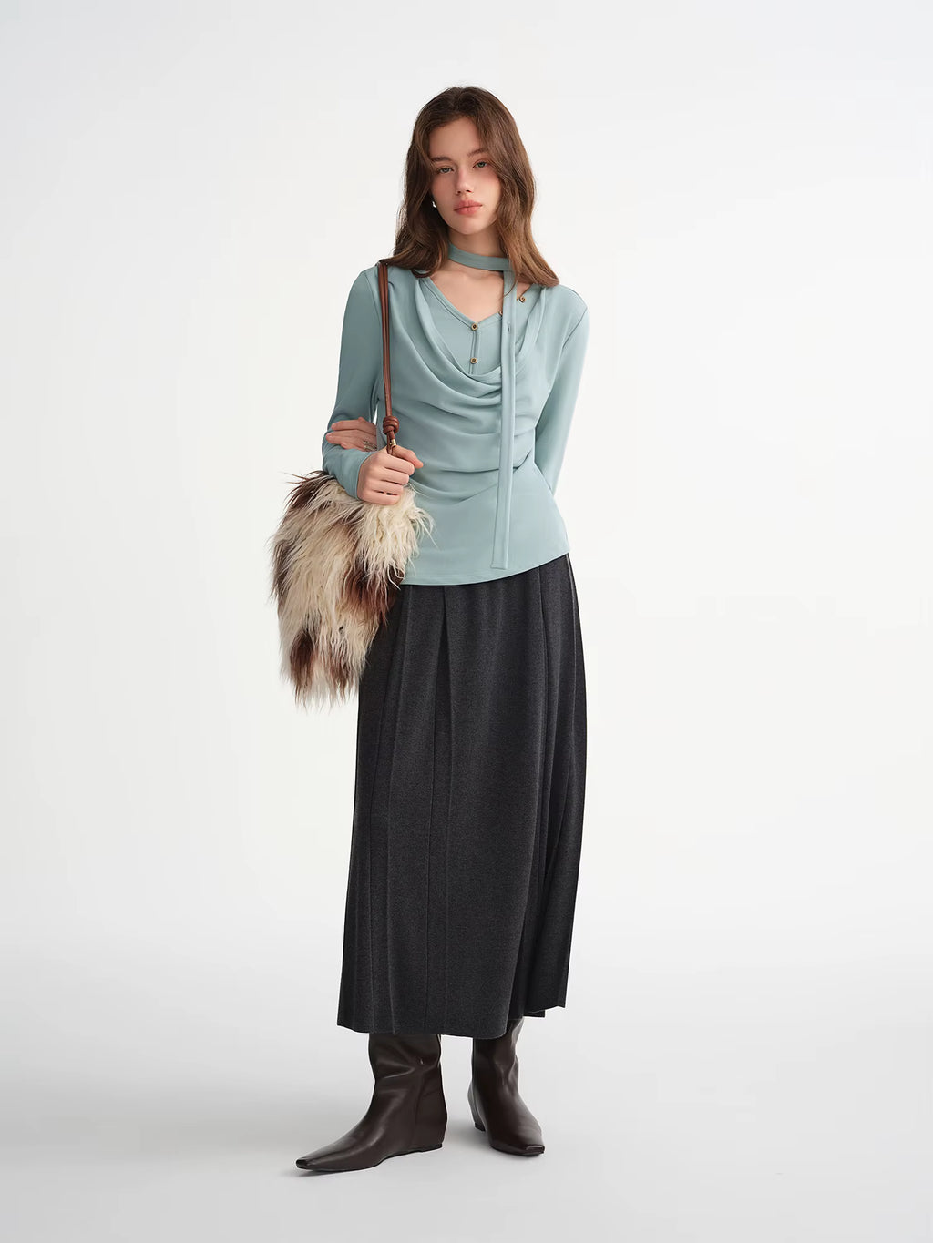 Plus-Size Women Layered Art Long-Sleeve T-Shirt with Floating Ribbon neckline Mock Two-Piece Slimming Top for Curvy Women