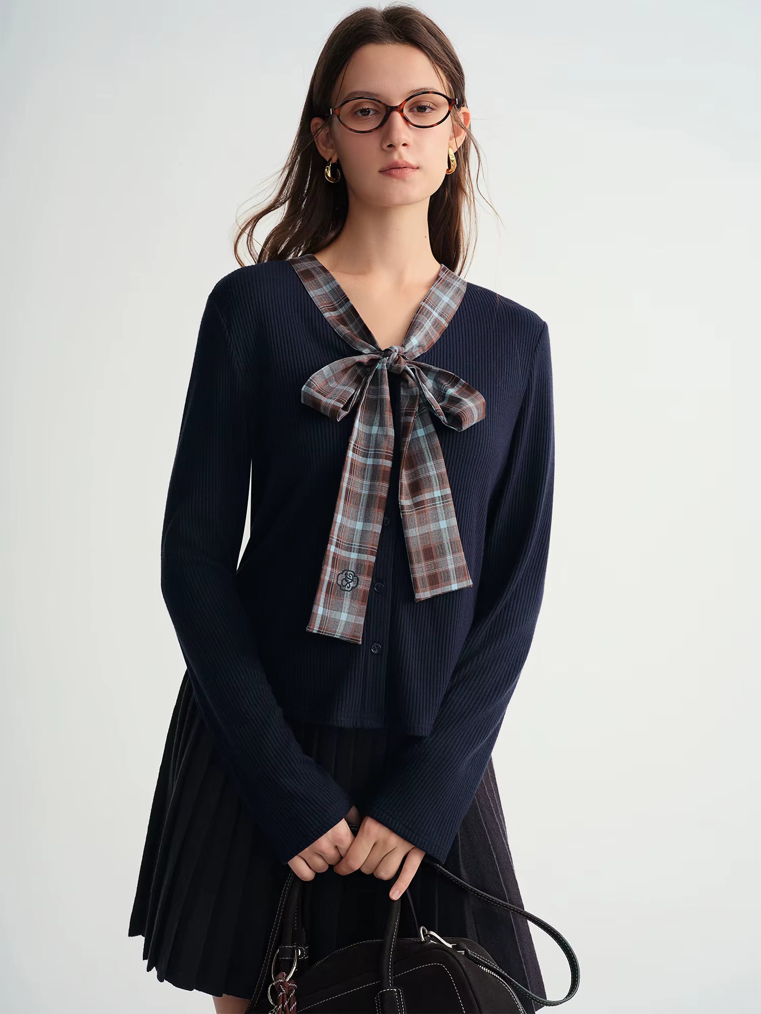 Autumn Winter 2025 Women's Plaid Mock Layer Knit Cardigan - Tartan Print Tie Collar Casual Coatigan Versatile Top